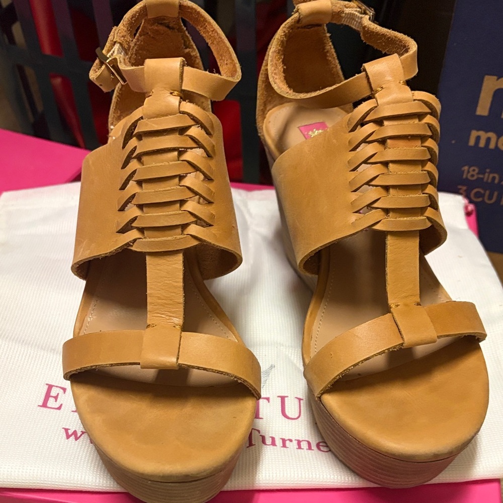 Elaine Turner Tan Leather Woven T-Strap Platform Sandals
